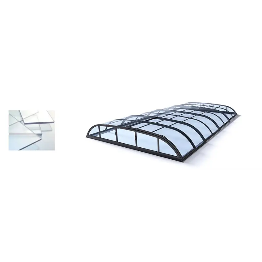 Pooltak Dallas 4×8 med svart ram och genomskinliga valvade paneler