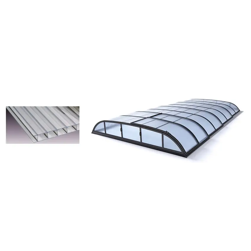 Krökt glastak Pooltak Dallas 4×8 med svart ram och genomskinliga paneler