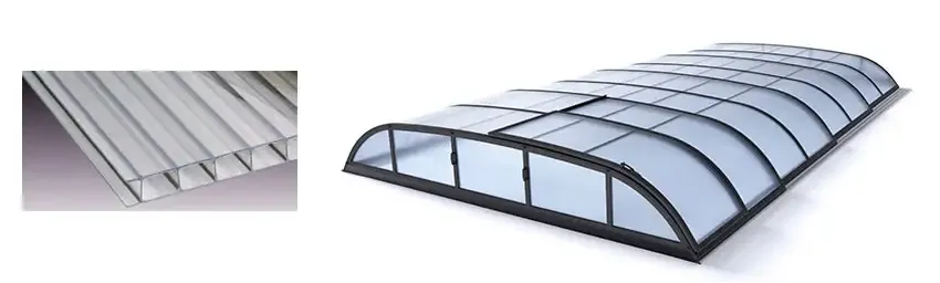 Curved Pooltak Dallas med svart ram över blå pool