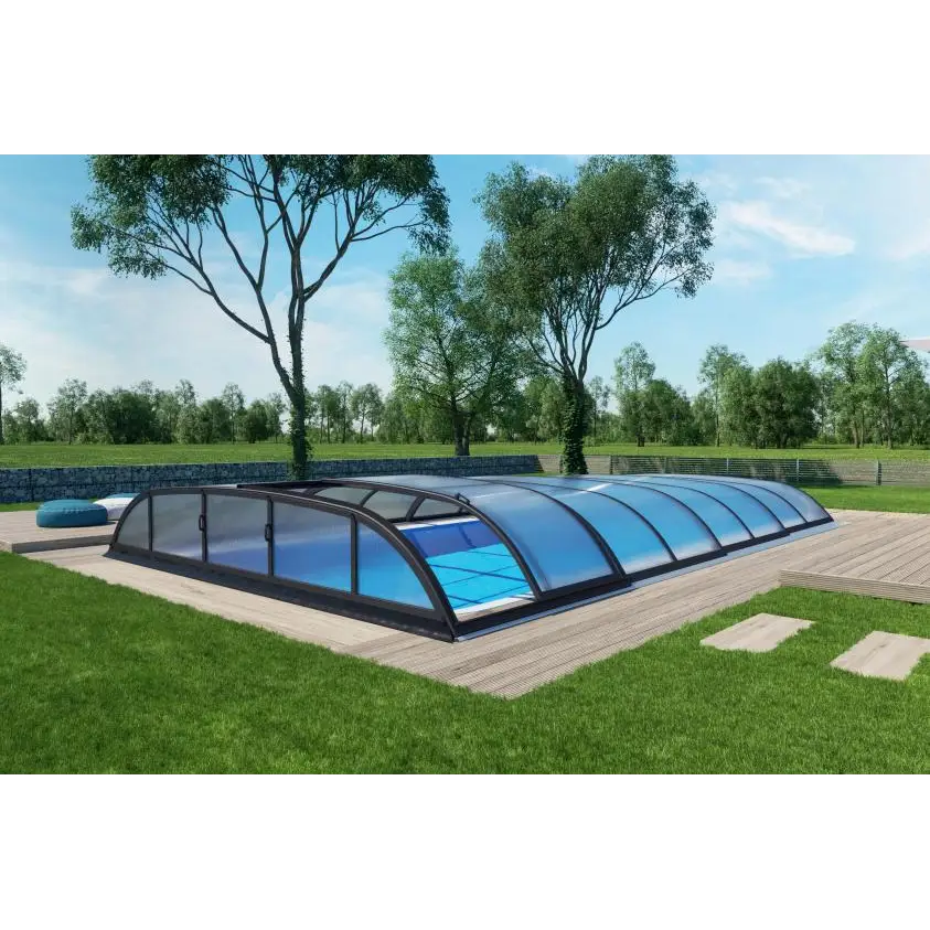 Blå böjd glas pooltak med svart ram, Pooltak Dallas 4×8 ihopsatt