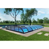 Blå böjd glas pooltak med svart ram, Pooltak Dallas 4×8 ihopsatt