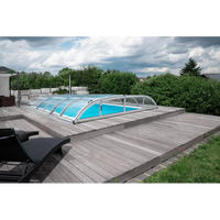 Pooltak Dallas 4×8 med ihopsatt klar böjd glasöverdrag över blå pool