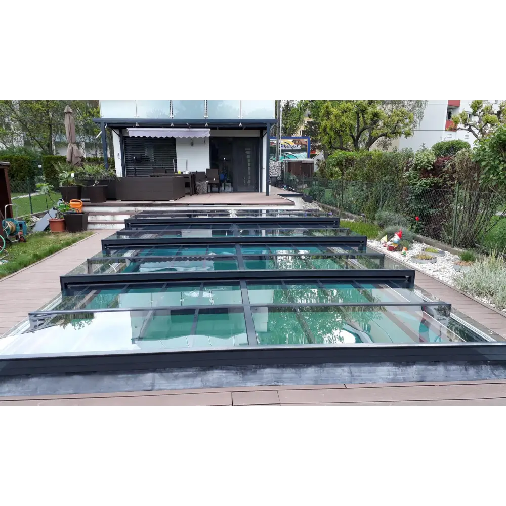 Pooltak ICON 4×8 med sarg klarplast antracit, modern glastak