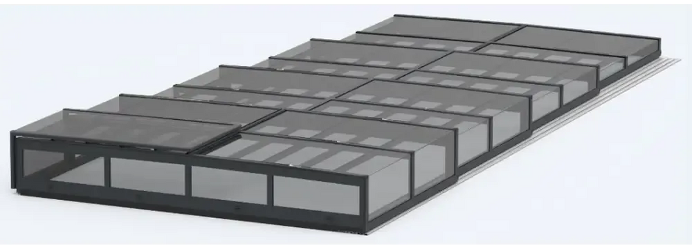 Modern pooltak icon kit med svart ramat glastak för pool