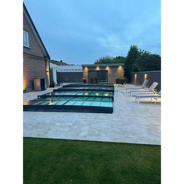 Modern pooltak icon kit med klarglas, sidodörr och antracit ram