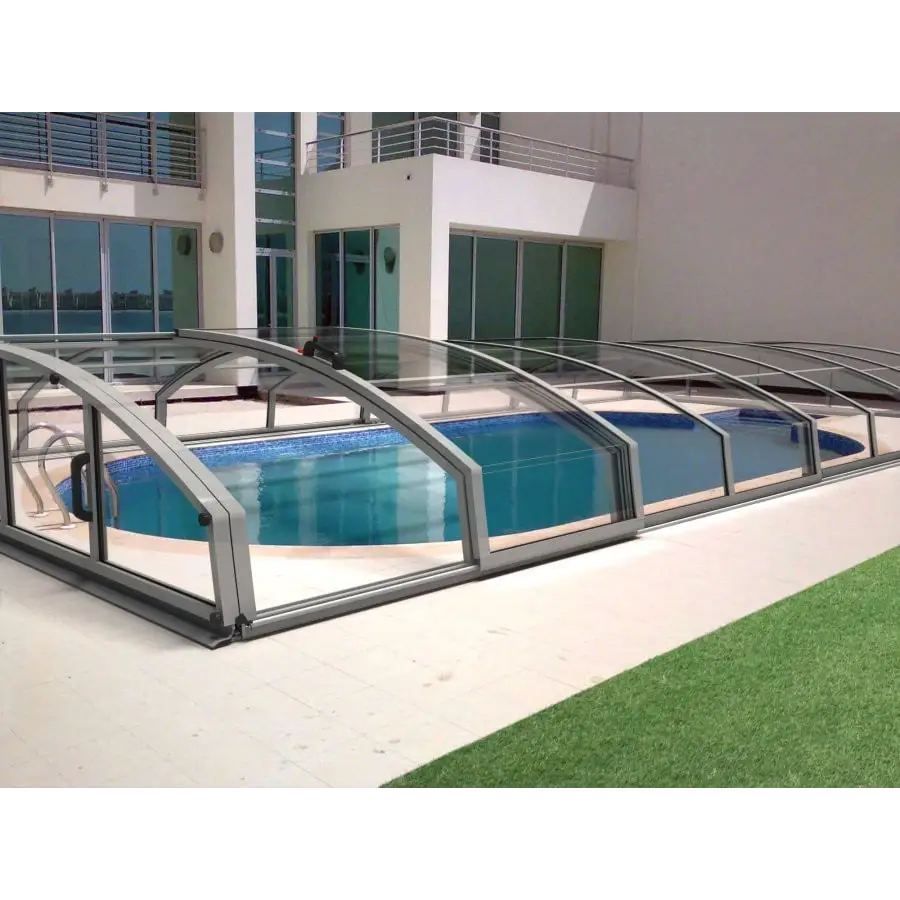 Pooltak Infinity 3×6 klarplast med extra starka profiler i silver och kurvad glas