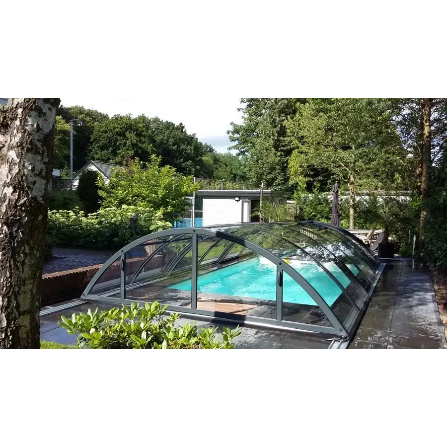 Pooltak Klasik 3×4 med klar kanalplast och extra starka profiler över turkos pool