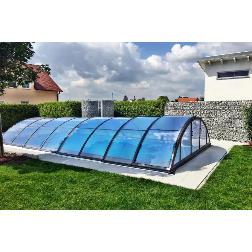 Blått böjt klar kanalplast pooltak Klasik 3x4 med extra starka profiler