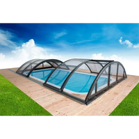 Pooltak Klasik 4×8 med svarta ramar, klar kanalplast och extra starka profiler över blå pool