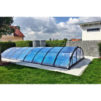 Blått böjt glas pooltak Klasik 5×10 med svart ram, klar kanalplast och extra starka profiler