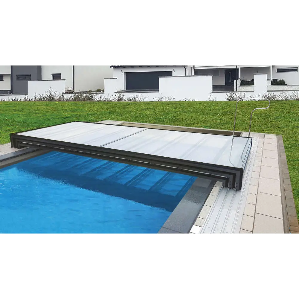 Modern Pooltak Mästare Plus 4x8 med enkelskena och klarplastpaneler