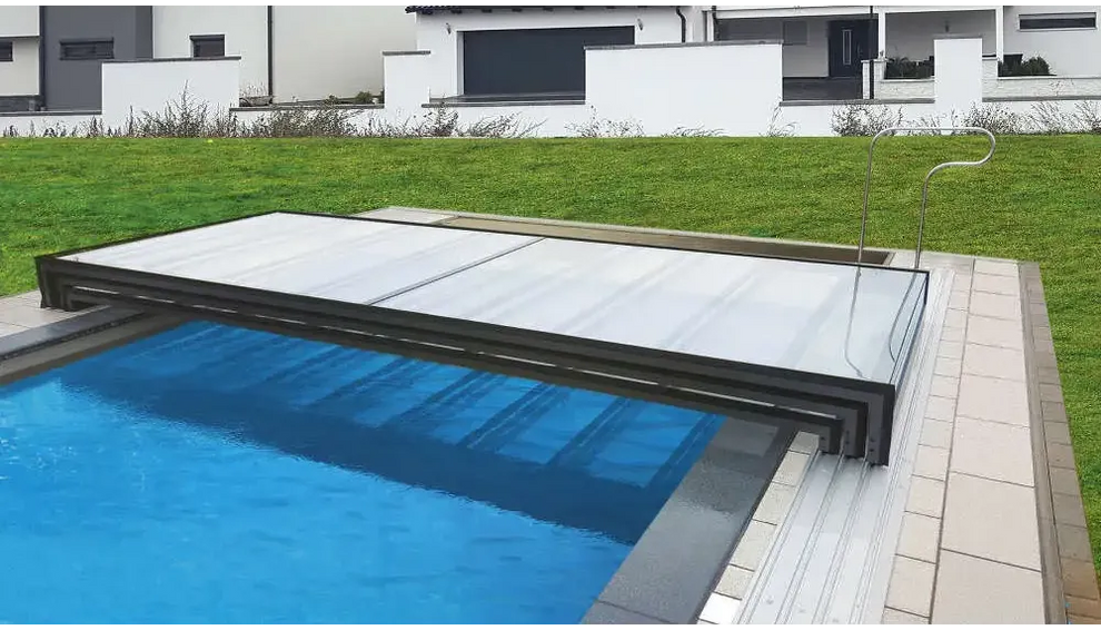 Modern pooltak Mästare Plus med svart ram och glastak, 6x12