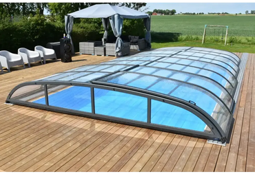 Bågad pooltäckning i glas med svart ram för Pooltak Nivo Kit 1060B