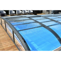 Curved black-framed transparent glass pooltak NIVO KIT 750B med blåtonade paneler