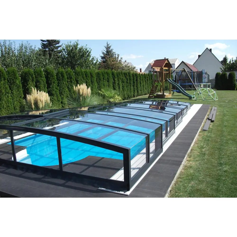 Pooltak Special 3x6 med sarg klarplast sidodörr antracit, blå pool