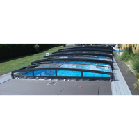 Pooltak Special 3×6 med sarg, klarplast sidodörr, antracit, svart ram, blå poolvatten