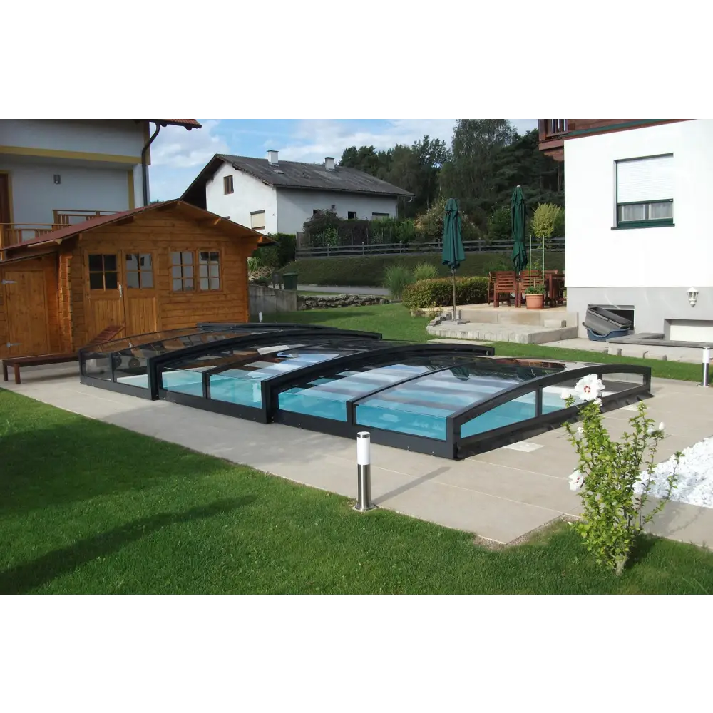 Pooltak Special 3×6 utan sarg, klarplast med antracit ram för pool