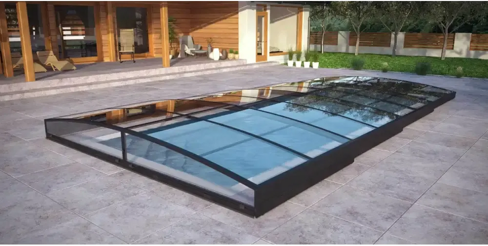 Elegant pooltak Sydney med enkelskena antracit, svart ram och glas