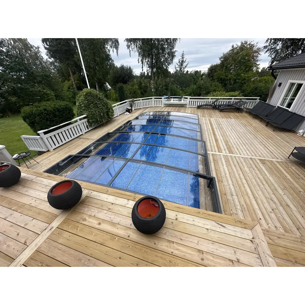 Transparent pooltak ena sidan Pooltak Sydney 3.5×8 med blå textur och antracit ram