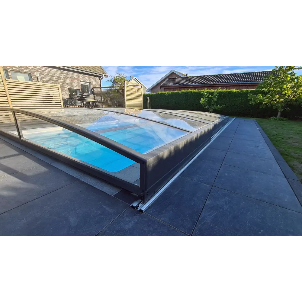 Modern Pooltak Sydney 3x5 pooltak med enkelskena i antracit och transparenta paneler