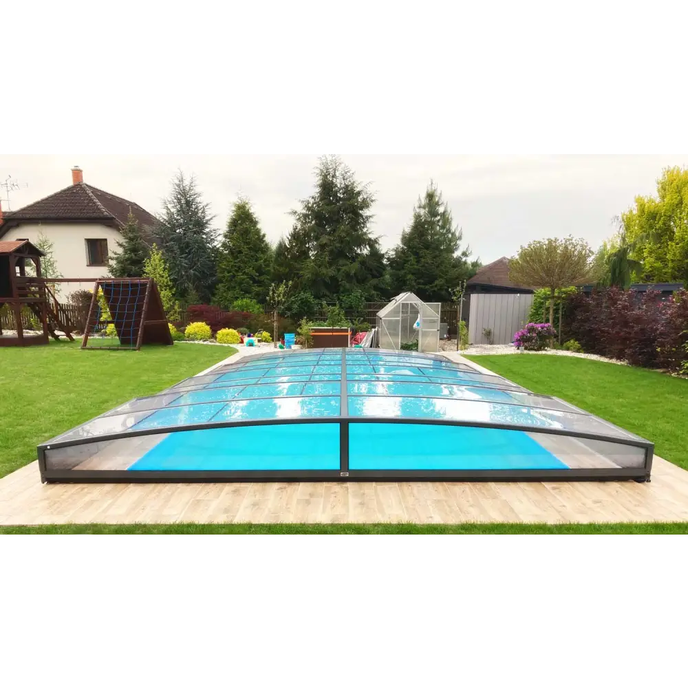 Pooltak Sydney 3×6 enkelskena antracit med klar glas och svart ram ena sidan pool