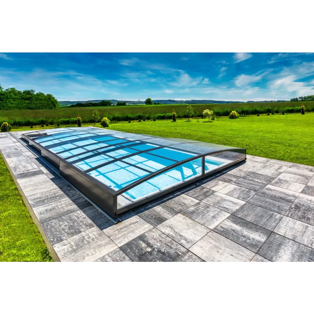 Pooltak Sydney 4x7 med modern blåtonad glas och antracit enkelskena