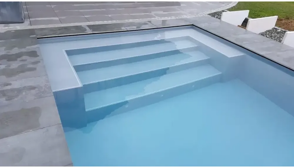 Pooltime Exclusive 12mm rektangulär pp-pool 4x12x1 med ljusblått vatten och stenbeläggning