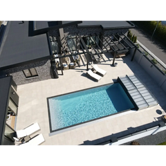 Pooltime exklusiv 12mm pp pool 3 x 6 x 1,5 m med rektangulär form, klarblått vatten och mörkgrå kakelram för uteplatsen