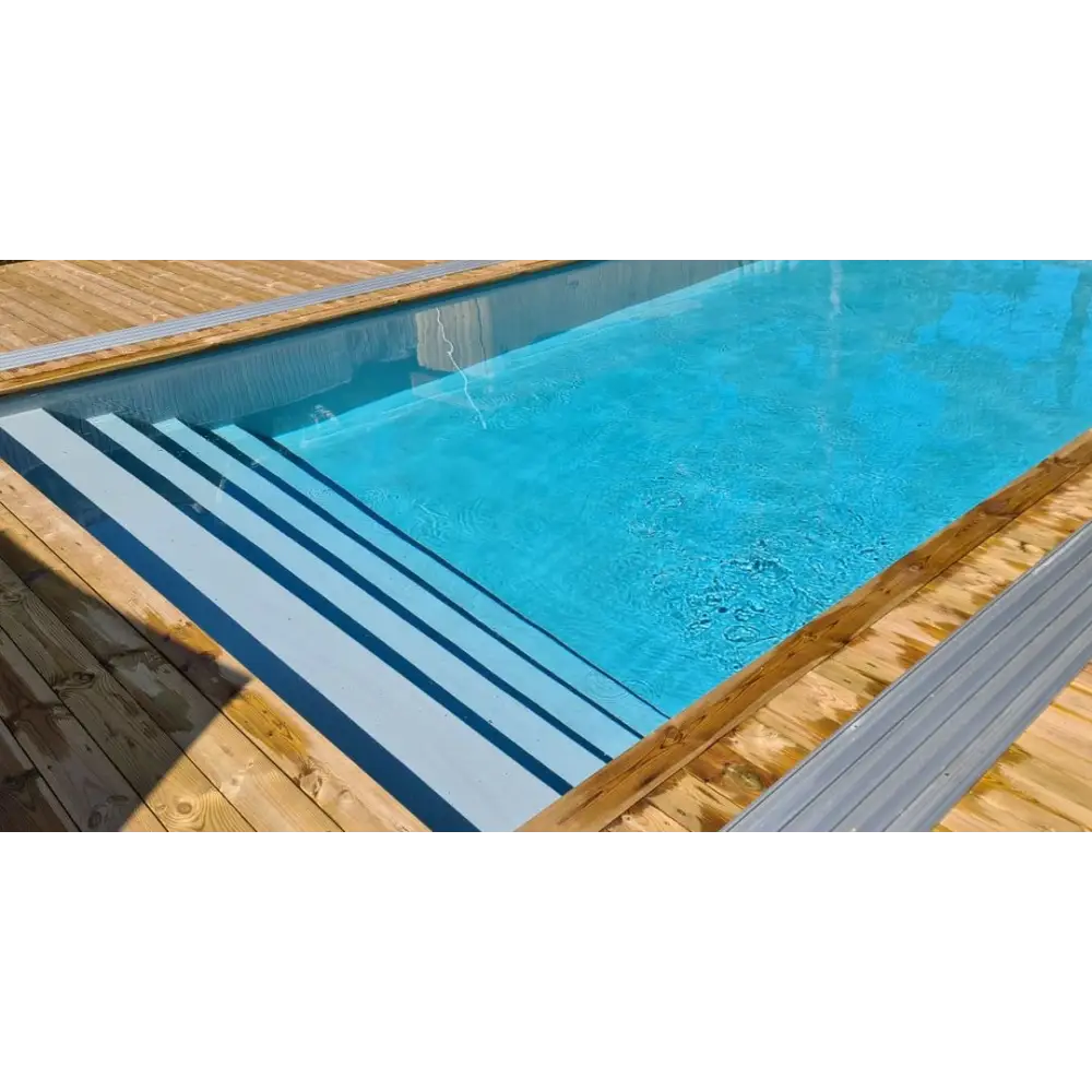 Klar blå pool med trädeck och grå metallsteg, Exklusiv 12mm PP pool 3x6x1,5 m, stabil genomfärgad