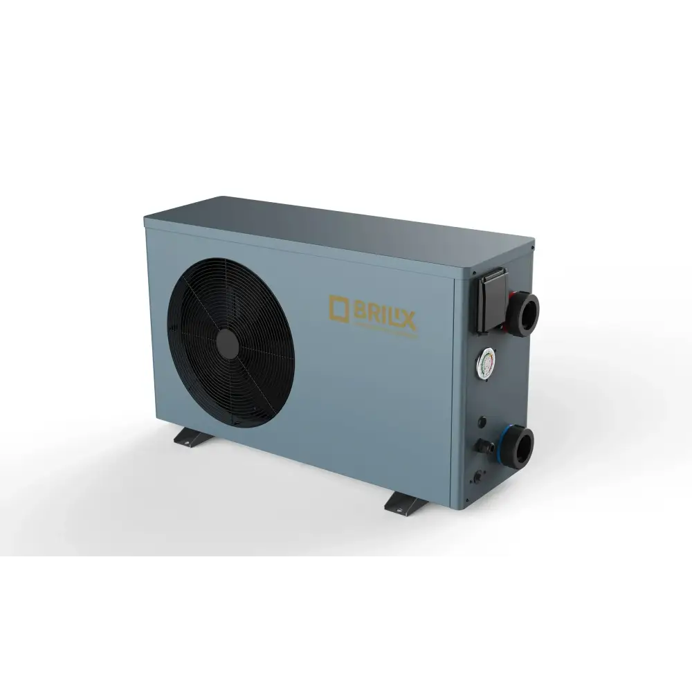 Grå BRILIX XHPFDPLUS 60 poolvärmepump 5kW R32 med svart fläkt och rör