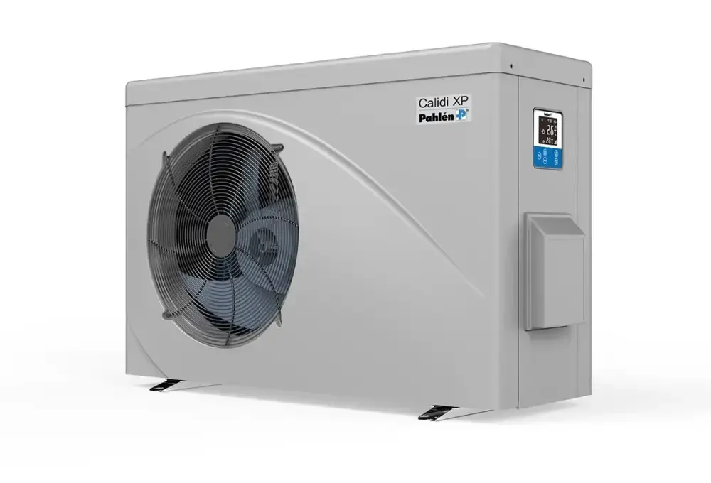Grå Pahlen Calidi XP17 utomhus värmepump med cirkulär fläktgaller och digital display