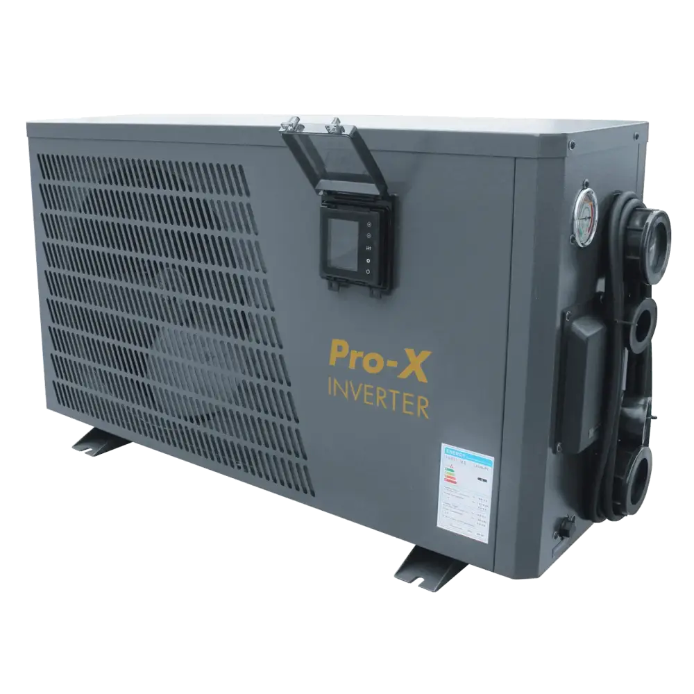 Grå PRO-X inverter 12kW poolvärmepump med display, tryckmätare och slanganslutningar