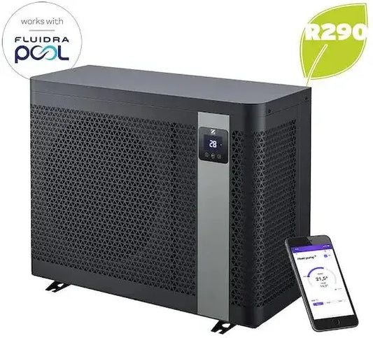 Svart rektangulär Z260iQ MD5 13kW poolvärmare med silverpanel och digital display