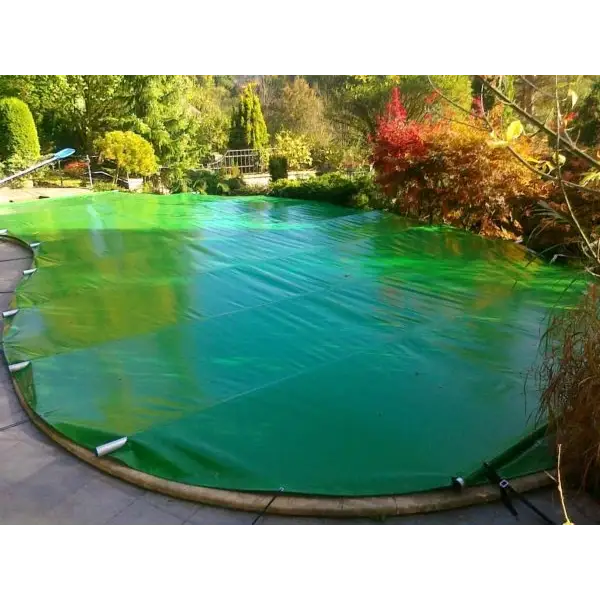 Grön pooltäckning Rolltop för 4×8 pool inkl handenhet, halvgenomskinlig glansig yta med förstärkta kanter och vita clips
