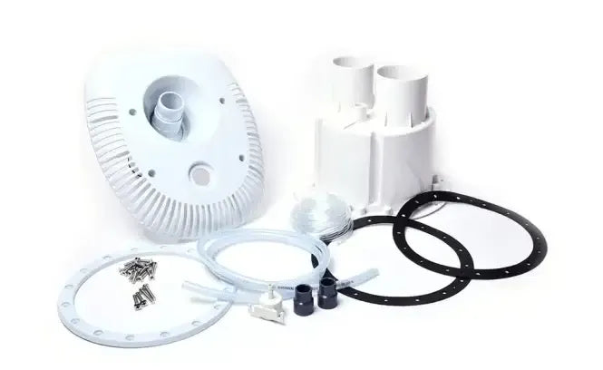 Vit plastpoolpump med räfflad yta och centralt intag i Thermopp Poolpaket Qbig