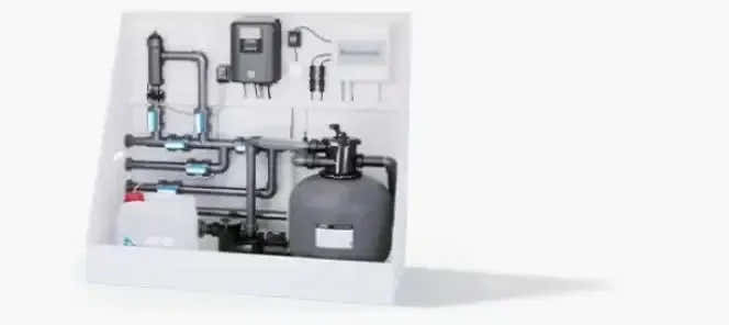 Grå cylindrisk sandfiltertank i Thermopp Poolpaket Qbig-system