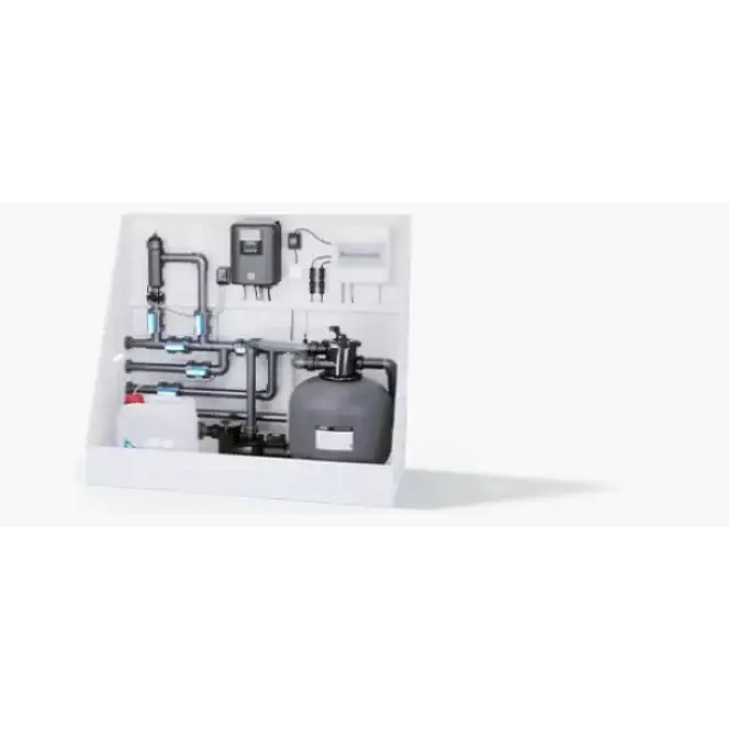 Grå cylindrisk sandfiltertank i ThermoPP Poolpaket QBig 3×5 med svarta rör