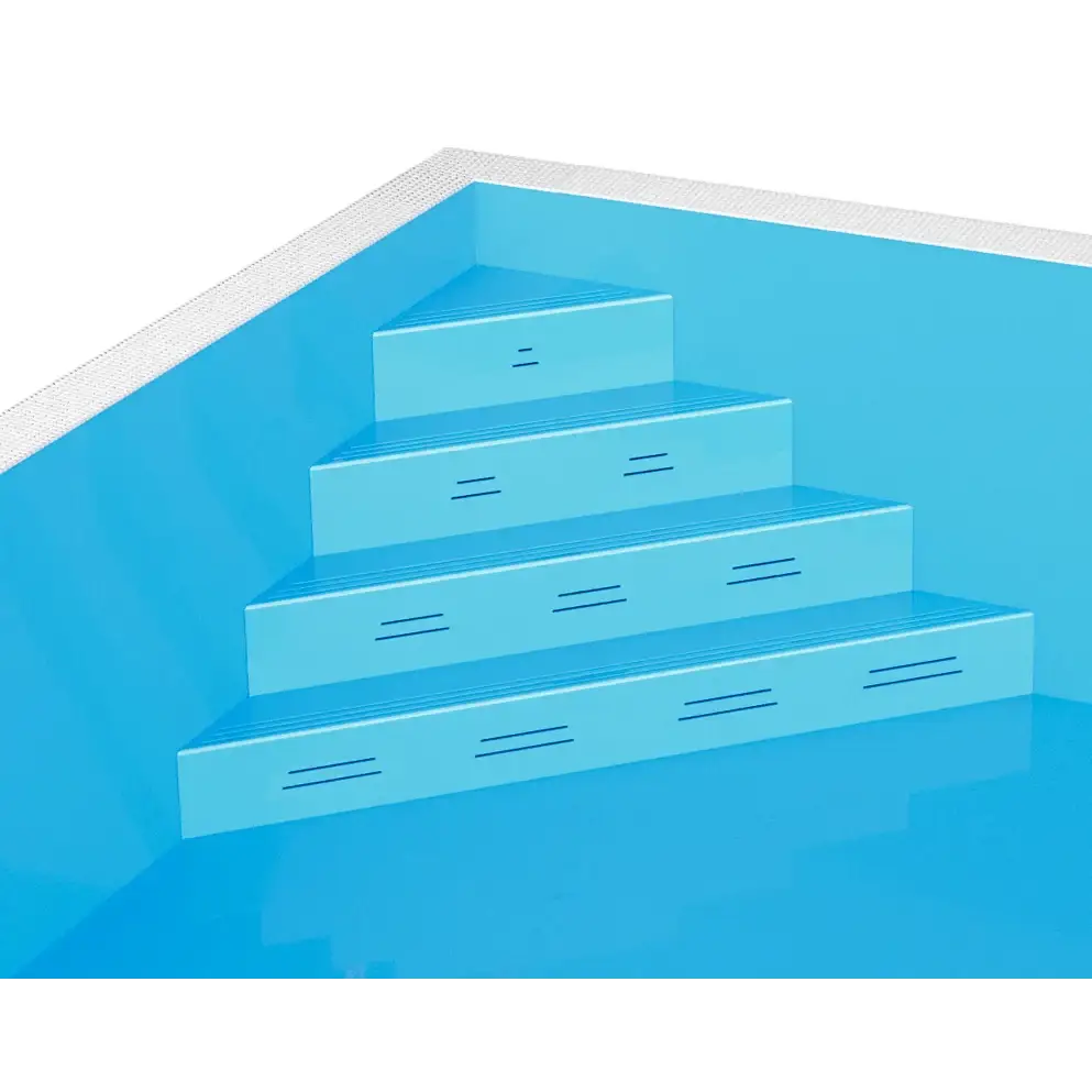 Blå pooltrappa med räfflor och vit kant i ThermoPP Poolpaket QBig 3.5×7