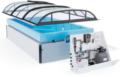 Modern vit pool med Thermopp Poolpaket Qbig, glas tak och filtrering
