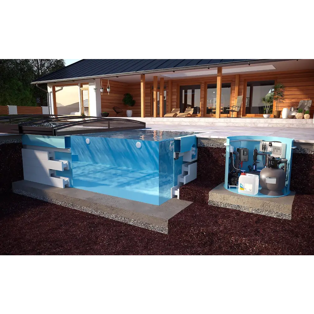 ThermoPP PoolPaket QBig 3×6 blåvit poolfiltreringssystem med synliga komponenter