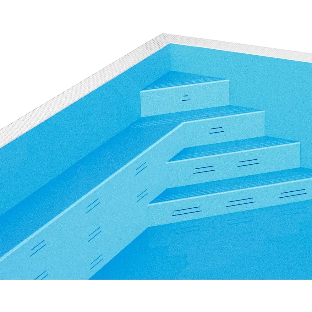 Blå pooltrappa med texturerade ljusblå steg och vit kaklad kant i ThermoPP Poolpaket Qbig Overflow