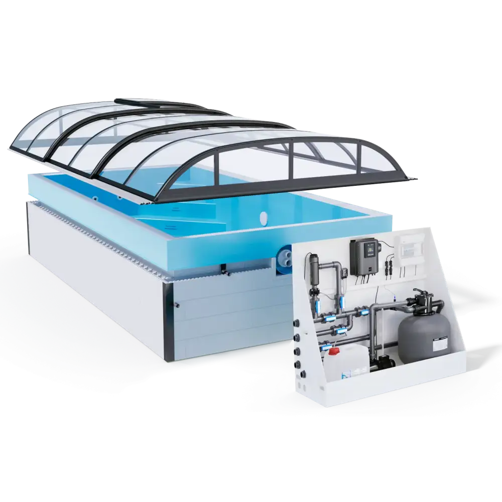 Modern ThermoPP Poolpaket QBig Overflow pool med glastak och filtrering