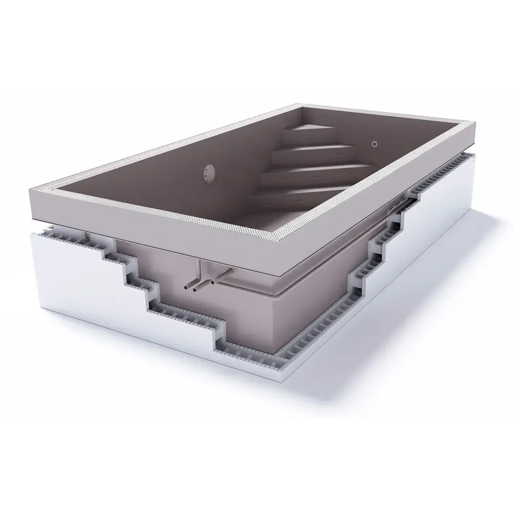 Grå rektangulär ThermoPP Poolpaket QBIG Overflow 3.5×8 med inbyggda steg och texturerad yta