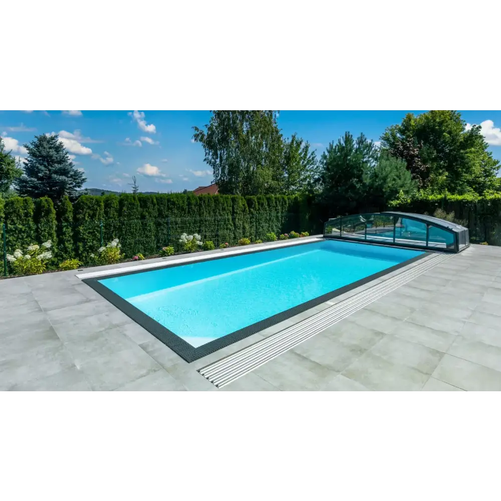 ThermoPP Poolpaket QBig Overflow 3x6 med turkos vatten och stenplattor