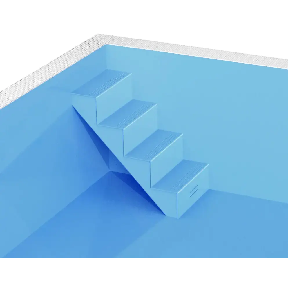 Blå pooltrappa med texturerade steg och vit kaklad kant i ThermoPP Poolpaket QBig Overflow 3×7