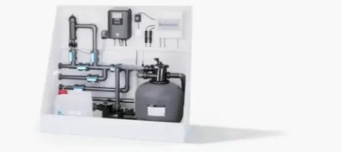 Grått cylindriskt sandfilter i Poolpaket Qbig Overflow med turkost vatten och svart ram