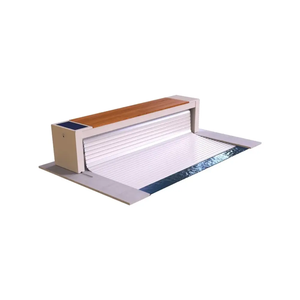 Modern TopMoov Ovanmark 5m bredd vit rullport med träpanel och solpaneler