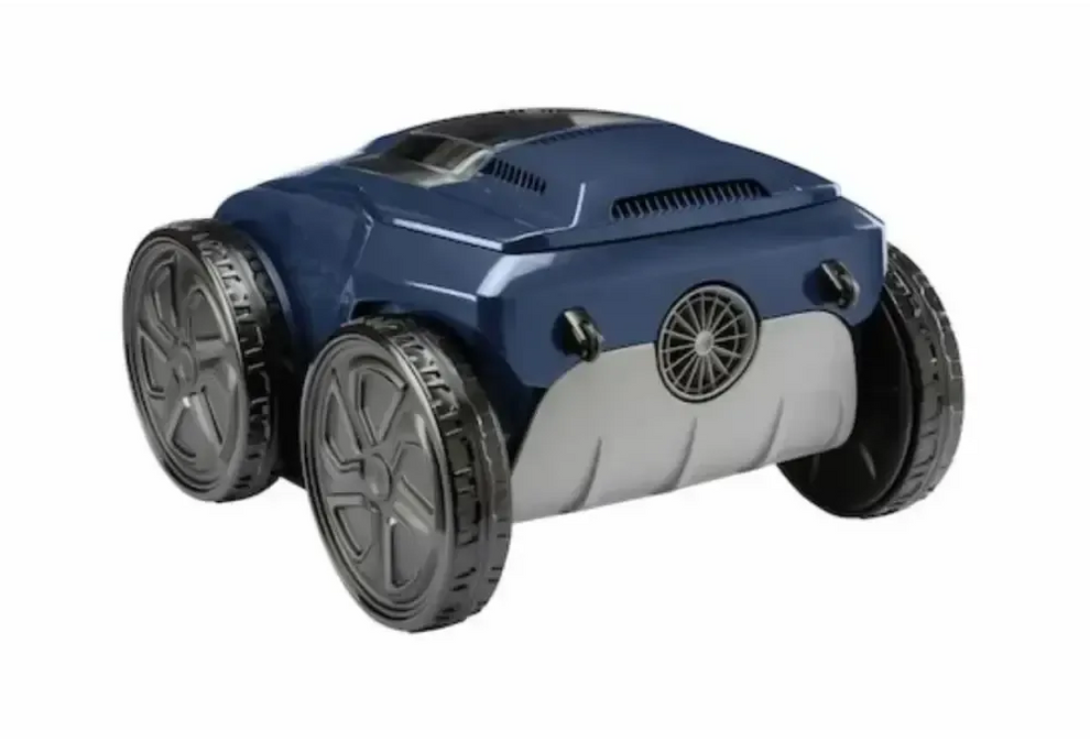 Zodiac Alpha poolrobot med blå-grå design, konstant cyklonal aspiration och svarta hjul