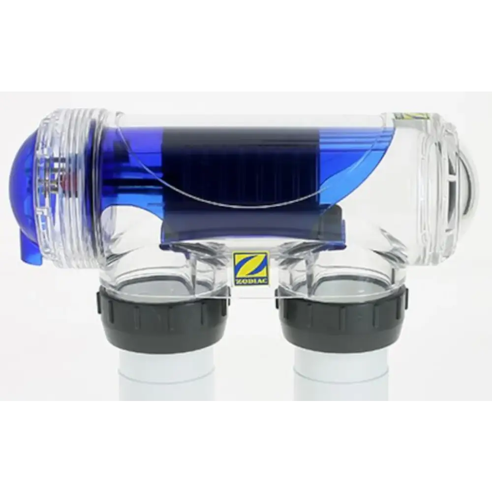 Zodiac EXO iQ låg salthalt saltklorinator med klar plastfilter, blå komponent och svarta lock
