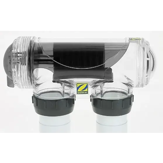 Zodiac EXO iQ saltklorinator med klar plastfilter och Zoback-logga